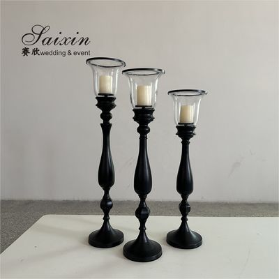 Saixin new design 3 pcs set black metal candle holder for wedding table decoration