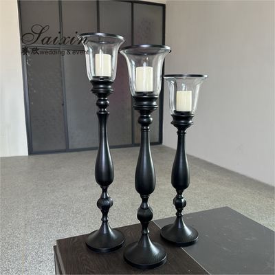 Saixin new design 3 pcs set black metal candle holder for wedding table decoration