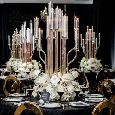 Luxury Wedding Decor Supplies Gold 17 Arms Candelabra Candle Holder Tall Crystal Candelabra Centerpieces