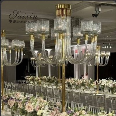 Saixin new design large gold metal stand 10 arms glass candelabra for wedding centerpieces