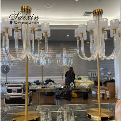 Saixin new design large gold metal stand 10 arms glass candelabra for wedding centerpieces