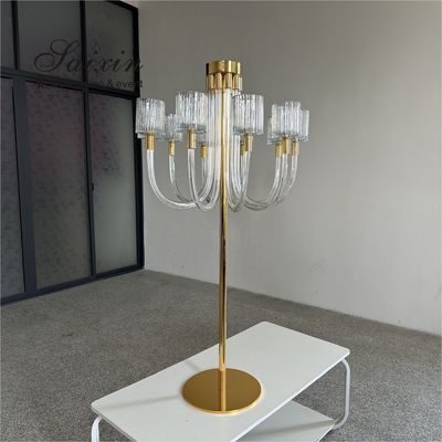 Saixin new design large gold metal stand 10 arms glass candelabra for wedding centerpieces