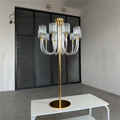 Saixin new design large gold metal stand 10 arms glass candelabra for wedding centerpieces