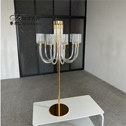 Saixin new design large gold metal stand 10 arms glass candelabra for wedding centerpieces