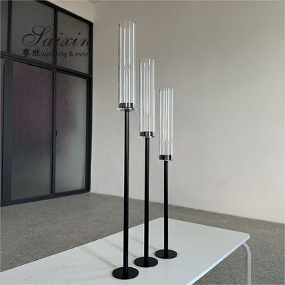Long Stem Hurricane Pillar Gold Wedding Candle Holder With Chimney Tubes 3pcs Set 80cm