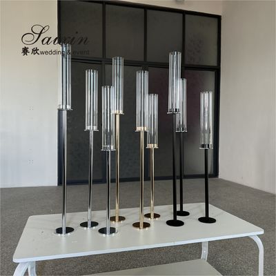 Long Stem Hurricane Pillar Gold Wedding Candle Holder With Chimney Tubes 3pcs Set 80cm