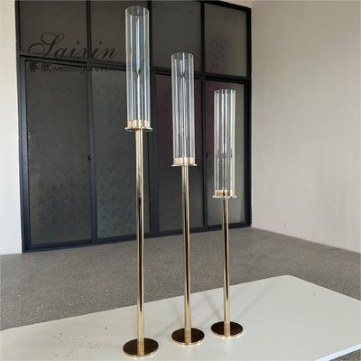 Long Stem Hurricane Pillar Gold Wedding Candle Holder With Chimney Tubes 3pcs Set 80cm
