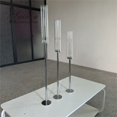 Long Stem Hurricane Pillar Gold Wedding Candle Holder With Chimney Tubes 3pcs Set 80cm