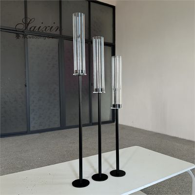 Long Stem Hurricane Pillar Gold Wedding Candle Holder With Chimney Tubes 3pcs Set 80cm