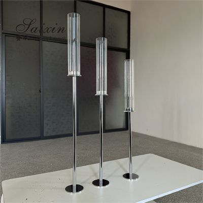 Long Stem Hurricane Pillar Gold Wedding Candle Holder With Chimney Tubes 3pcs Set 80cm