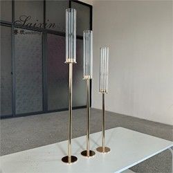 Long Stem Hurricane Pillar Gold Wedding Candle Holder With Chimney Tubes 3pcs Set 80cm