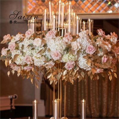 New saixin good quality 13 arms gold metal candelabra for wedding centerpieces