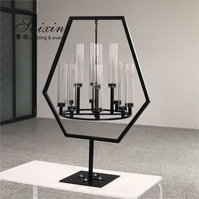 ZT-405B Saixin New Pentagon Black Metal Frame With Hanging Chandelier Candle Holder For Wedding Decoration