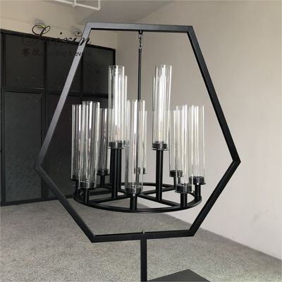 ZT-405B Saixin New Pentagon Black Metal Frame With Hanging Chandelier Candle Holder For Wedding Decoration