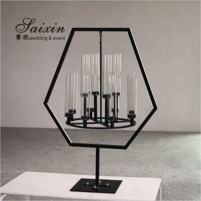 ZT-405B Saixin New Pentagon Black Metal Frame With Hanging Chandelier Candle Holder For Wedding Decoration