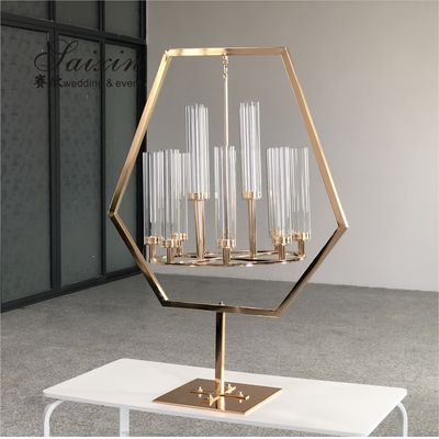 ZT-405B Saixin New Pentagon Black Metal Frame With Hanging Chandelier Candle Holder For Wedding Decoration
