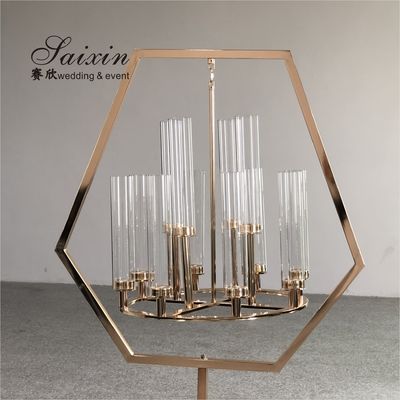 ZT-405B Saixin New Pentagon Black Metal Frame With Hanging Chandelier Candle Holder For Wedding Decoration