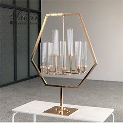 ZT-405B Saixin New Pentagon Black Metal Frame With Hanging Chandelier Candle Holder For Wedding Decoration