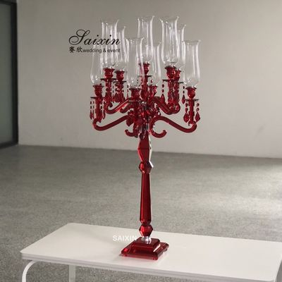 9 Arms 130cm Red Blue Hurricane Crystal Glass Candelabra Clear Wedding Table Centerpieces