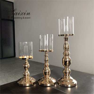 Three Piece Golden Tall Metal Candle Holders Set Candlesticks Small 45CM
