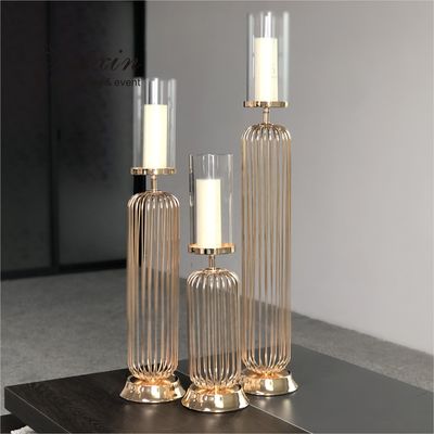 Gold Wedding Candle Holders For Wedding Tables Set 3 Pcs Golden Lamp Metal Steel Wire Candelabra