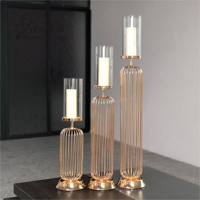 Gold Wedding Candle Holders For Wedding Tables Set 3 Pcs Golden Lamp Metal Steel Wire Candelabra