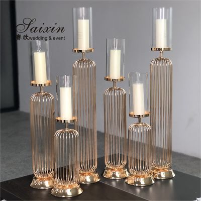 Gold Wedding Candle Holders For Wedding Tables Set 3 Pcs Golden Lamp Metal Steel Wire Candelabra