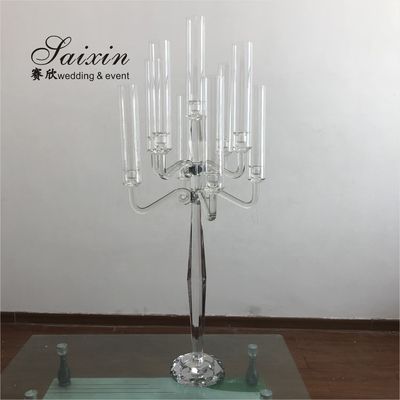Tall Candle Holder Glass 9 Arm Crystal Candelabra For Wedding Centerpiece