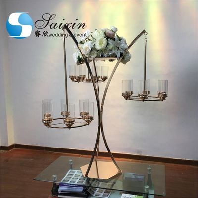 Black Gold Metal Wedding Flower Stand With Three Branch Hanging Candle Holder