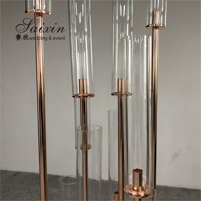 Glass Tube Rose Gold Metal Floor Candelabra Pillar Candlesticks Tall  175cm