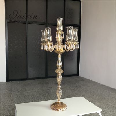 ZT-394 wedding decoration 6 arms  cut glass cup tall gold color  candle holder candelabras