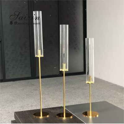 Factory hot sale set different size thin hurricane gold candlestick candle holder for wedding table decoration