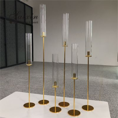 Factory hot sale set different size thin hurricane gold candlestick candle holder for wedding table decoration