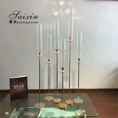 Factory hot sale set different size thin hurricane gold candlestick candle holder for wedding table decoration