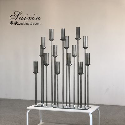 Luxury new design 15 branches holder gray crystal stands for international wedding decorative
