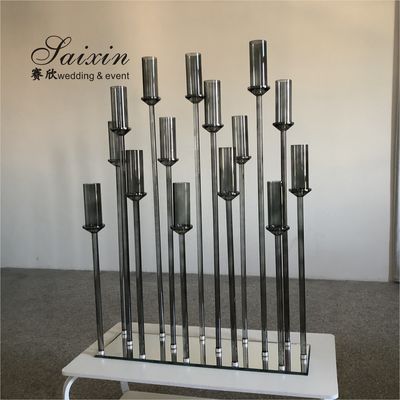 Luxury new design 15 branches holder gray crystal stands for international wedding decorative