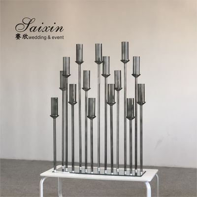 Luxury new design 15 branches holder gray crystal stands for international wedding decorative