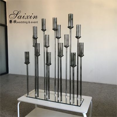 Luxury new design 15 branches holder gray crystal stands for international wedding decorative