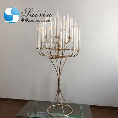 New wedding decoration tall gold metal candelabra with glass chimney