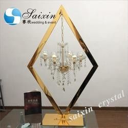ZT-407 New Gold diamond stand with Hanging Crystal candles holder for wedding table top centerpiece