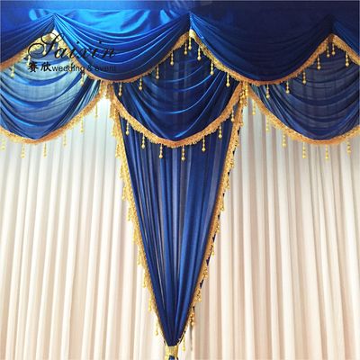 Hot Sale Gorgeous blue silk cloth drape valance curtains with ivory tassel