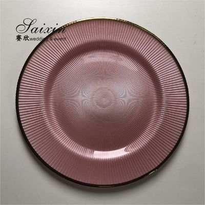 Glass Charger Plates Wedding Luxury Golden Edge Pink Stripe Rounded