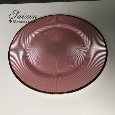 Glass Charger Plates Wedding Luxury Golden Edge Pink Stripe Rounded