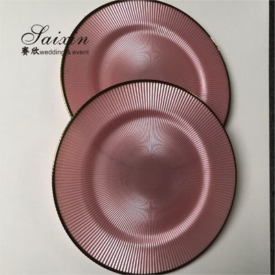 Glass Charger Plates Wedding Luxury Golden Edge Pink Stripe Rounded