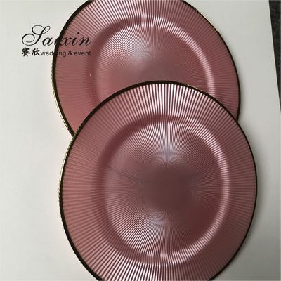 Glass Charger Plates Wedding Luxury Golden Edge Pink Stripe Rounded