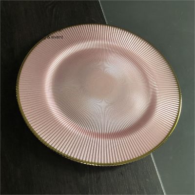 Glass Charger Plates Wedding Luxury Golden Edge Pink Stripe Rounded