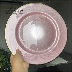 Glass Charger Plates Wedding Luxury Golden Edge Pink Stripe Rounded
