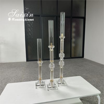 Factory Wholesale 3 Pcs Tall Set Crystal With Gold Metal Candlestick For Wedding Able Decor