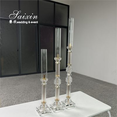 Factory Wholesale 3 Pcs Tall Set Crystal With Gold Metal Candlestick For Wedding Able Decor