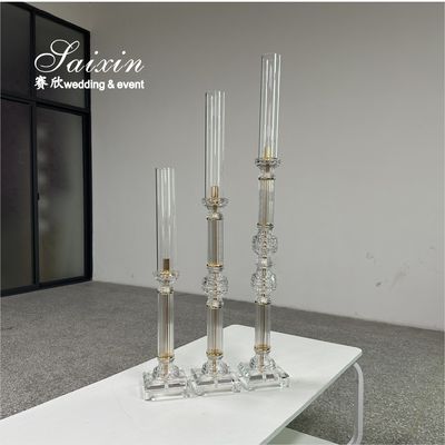 Factory Wholesale 3 Pcs Tall Set Crystal With Gold Metal Candlestick For Wedding Able Decor